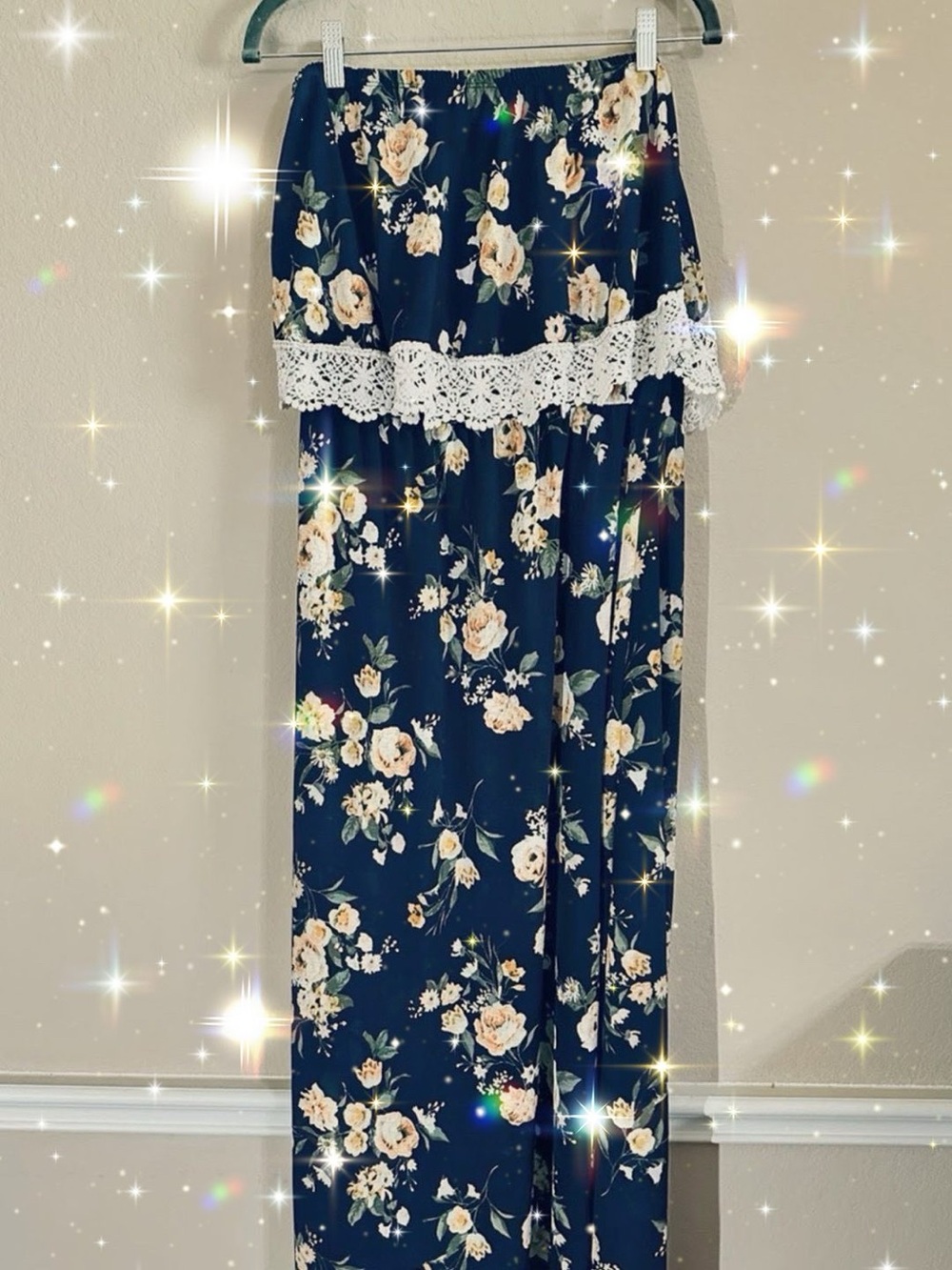 Justify Black Floral Strapless XXL Dress with White Lace Trim.